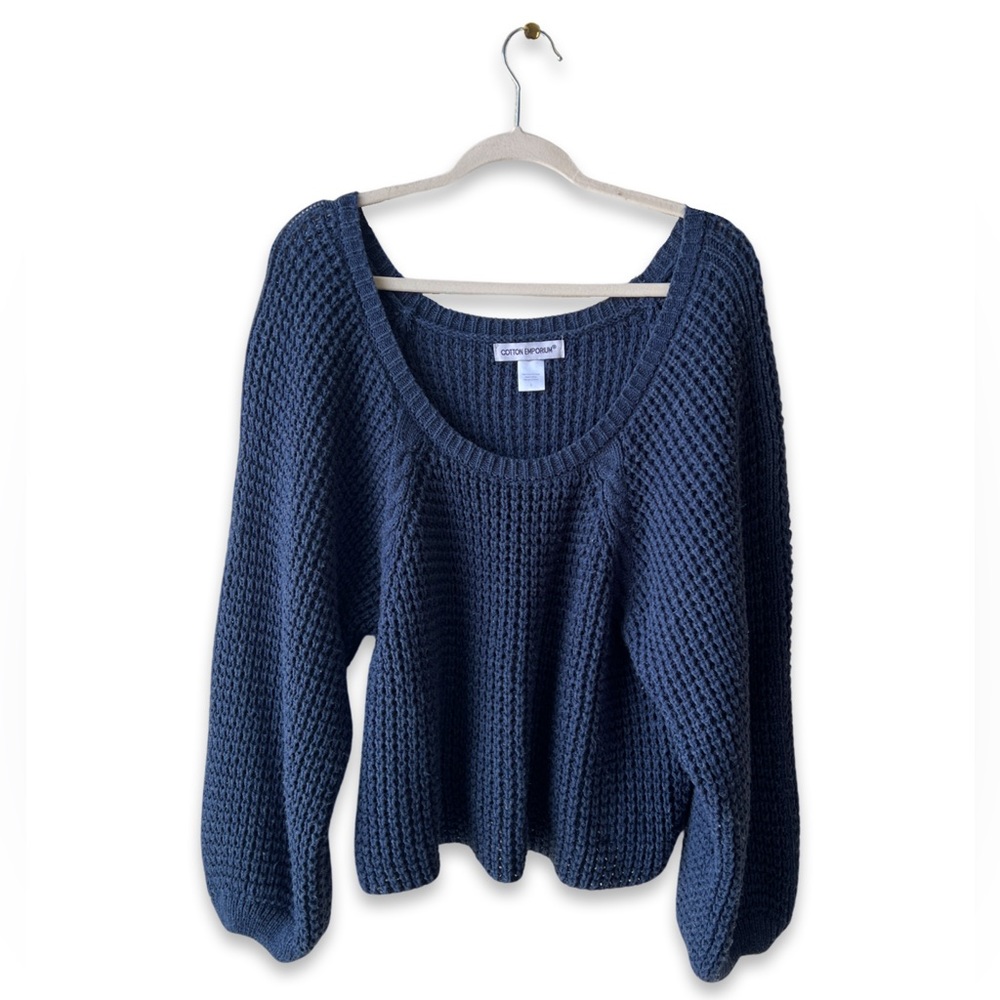 Blue Knit Cropped Bubble Sleeve Pullover Sweater